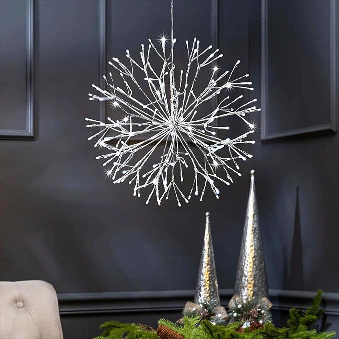Christmas led Sparkle Ball Hanging Outdoor décorations -Haning Twig Ball,Snowflake Ornament Lights Indoor Outdoor Festive Holiday Décor 24Inch (Cool White)-Ruum Studio Home