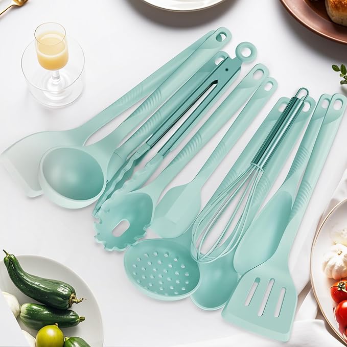 Silicone Cooking Utensils Set - 600°F Heat Resistant, Nonstick Kitchen Utensil Set with Spatulas, Spoons, Whisk, Tongs, BPA Free, Dishwasher Safe (Teal)-Ruum Studio Home