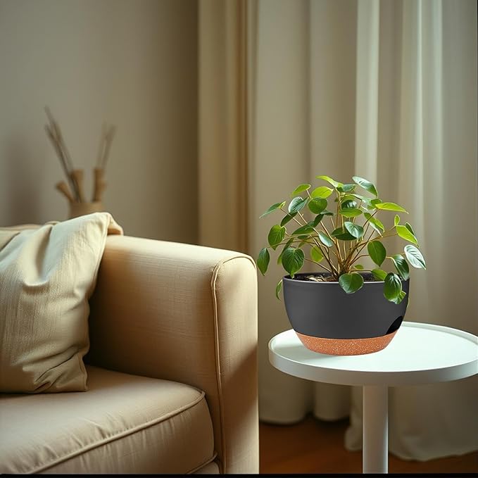 2 Pack Hanging Planters for Indoor Outdoor Plants, 12 Inch Self Watering Hanging Pot with Drainage Holes and Saucer, Plastic Plant Pots, Black Brown Flower Pots for Kitchen, Balcony, Garden-Ruum Studio Home
