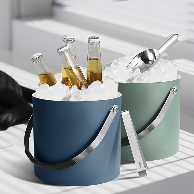 3L Ice Bucket with Silicone Lid, Scoop, Tongs & Strainer, Stainless Steel Double Wall Insulated Ice Buckets for Parties & Cocktail Bar, Outdoor Champagne Ice Container Bin, Navy-Ruum Studio Home