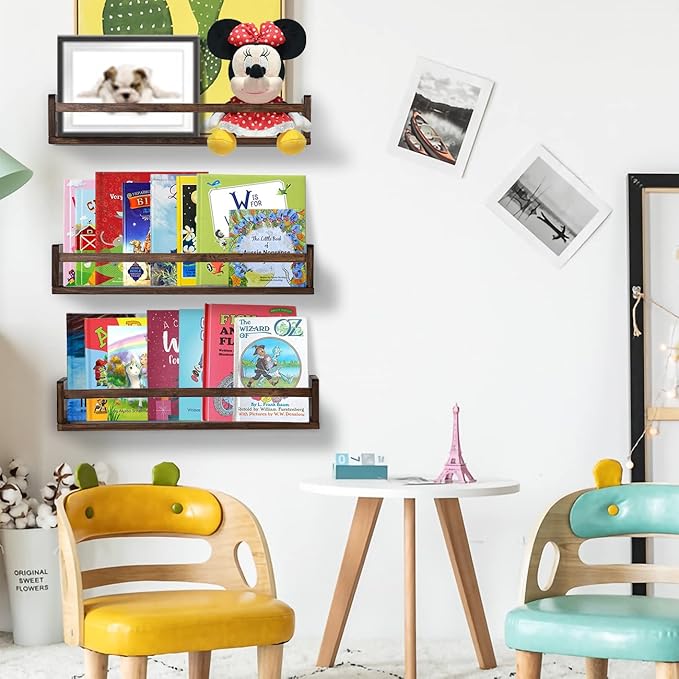 AZSKY Nursery Book Shelves 24 in Set of 3 Walnut Floating Bookshelf for Kids Room Wall Mounted Floating Shelves Solid Nursery Bookshelf Perfect Decor for Kitchen Bedroom Living Room-Ruum Studio Home