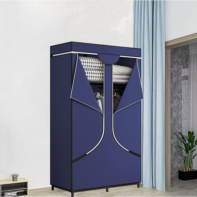 SORCEDAS Portable Wardrobe Closet Storage Organizer Metal Hanging Rack Non-Woven Fabric 34 Inch Coffee (34 Inch, Blue)-Ruum Studio Home