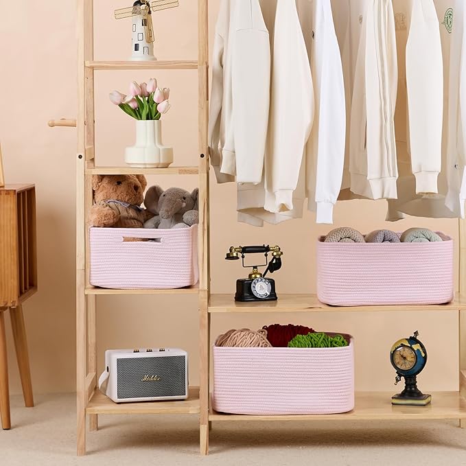 Large Storage Baskets for Organizing, Closet Shelf Baskets for Clothes Blanket Towels, Baby Nursery, Toy Bins Box, Woven Rope Baskets, 17 x 13 x 7.5”, 4 Packs Light Pink-Ruum Studio Home