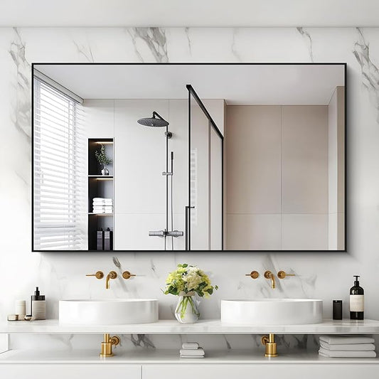 Black Bathroom Mirror for Wall, 30x50 Inch Rectangle Mirrors with Metal Frame, Modern Vanity Wall Mirror Decor for Bathroom Living Room, Entryway Hangs Horizontal or Vertical-Ruum Studio Home