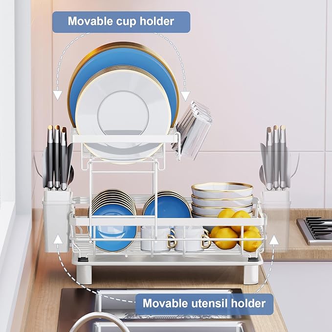 MOUKABAL Dish Drying Rack, 2 Tier Dish Rack, Large Dish Racks for Kitchen Counter, Dish Drainer with Removable Utensil Holder, Drainboard (White)-Ruum Studio Home