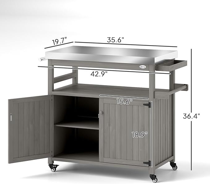Outsunny Outdoor Grill Cart with Wheels and Storage, Solid Wood Outdoor Kitchen Island with Stainless Steel Top, Movable Bar Cart with Spice Rack, Side Handle, Integrated Hole for BBQ, Gray-Ruum Studio Home