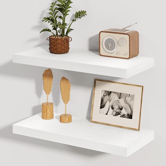 Fun Memories White Floating Shelves, 8 Inch Deep Wall Shelves Set of 2, Rustic Deep Shelves for Wall Storage, 24 x 8 Floating Shelves, 8" Deep White Shelves for Bedroom, Living Room, Kitchen-Ruum Studio Home