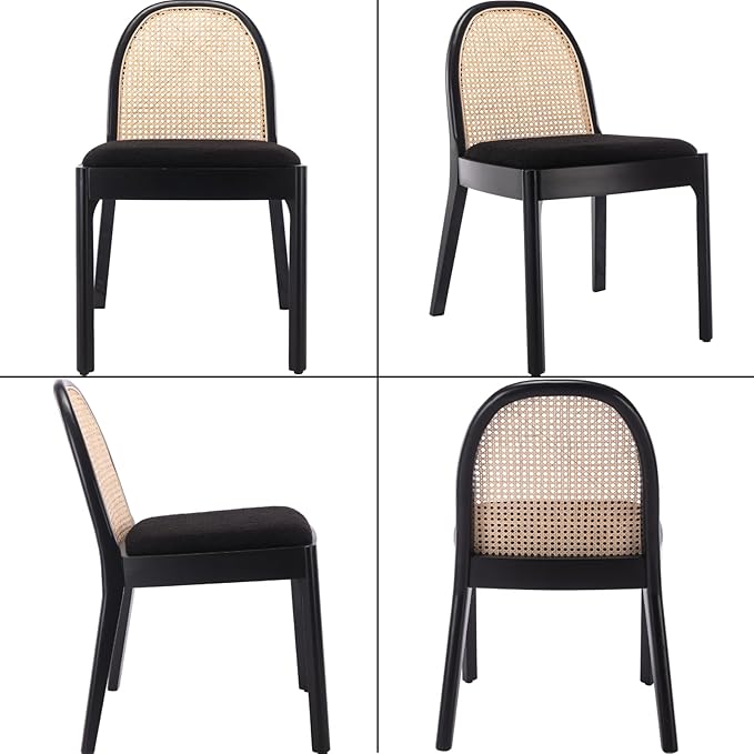 Mid Century Dining Chairs Set of 2, Accent Rattan Sherpa Fabric Side Chairs Kitchen Chair with Solid Wooden Legs for Living Room Dining Room, Black-Ruum Studio Home