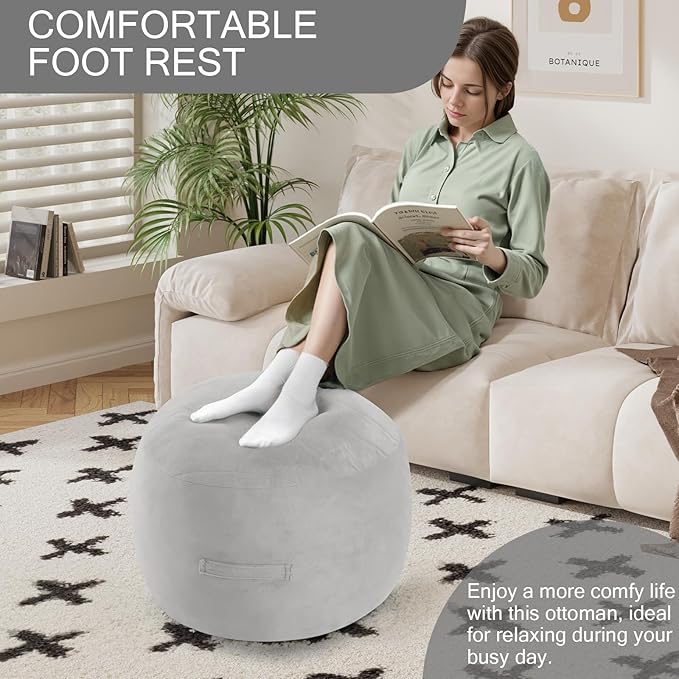 MeMoreCool Round Stuffed Pouf Ottoman Foot Rest, Floor Pouf Foot Stool with Soft Foam Chunk Filling, Small Round Ottoman Footstool Circle Footrest for Living Room, Light Grey-Ruum Studio Home