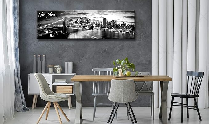 DJSYLIFE New York Skyline Wall Art - Brooklyn Bridge Night View - Black and White Nyc City Pictures Scape Artwork Painting Decoration for Bedroom or Office, Ready to Hang 13.8"x47.3"-New York1-Ruum Studio Home