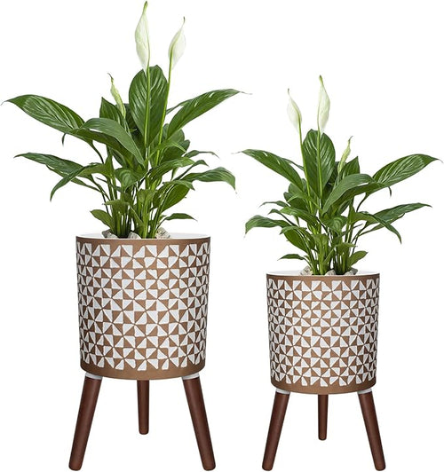 10 & 12 Inches Plant Pot with Stand, Large Modern Standing Planters for Indoor Outdoor Plants with Drainage Holes, Big Gold Floral Embossed Flower Pots with Legs-Ruum Studio Home