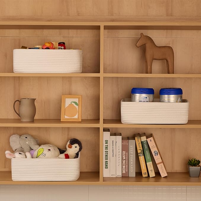 Large Shallow Organizing Baskets 15x11x5.1 Inches - Rope Woven Storage Bins for Bathroom, Shelves, Cube Closet, Off White 2 Packs-Ruum Studio Home