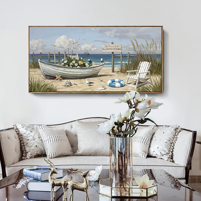 amatop Large Framed Wall Art for Living Room Nautical Beach Canvas Print Blue Flower Boat on Sandy Shore Ocean Seaside Landscape Coastal Artwork with Sea Birds Rustic Bedroom Office Home Decor 48×24 Inch-Ruum Studio Home