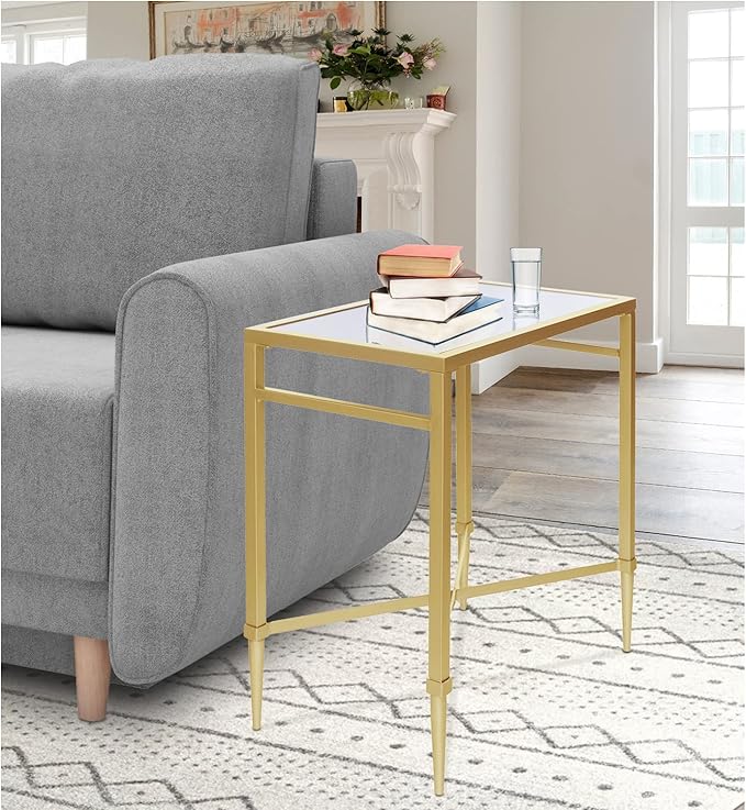 Gold End Table, Rectangle Side Table with Mirrored Top, Modern Metal End Table, Small Narrow Side Table for Living Room, Balcony, 22" L x 12.4" W x 24" D-Ruum Studio Home