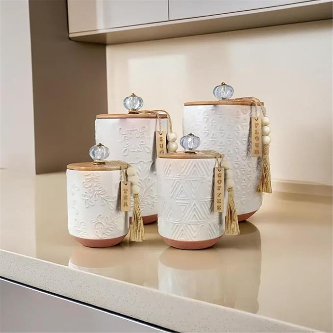 Youngs 21207 Ceramic Canister with Wood Lid and Silicon Seal, Crystal Knob and Blessing Bead Tassel Accent, 4-piece Set-Ruum Studio Home