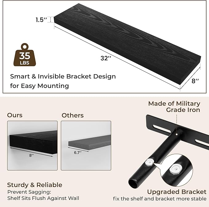 RICHFOCUS 31.5Inch Floating Shelves for Wall 2 Pack Shelves for Bedroom|Kitchen|Bathroom Wall Mounted Rustic Wood Floating Shelf with Invisible Brackets for Books|Storage|Decor, Black-Ruum Studio Home