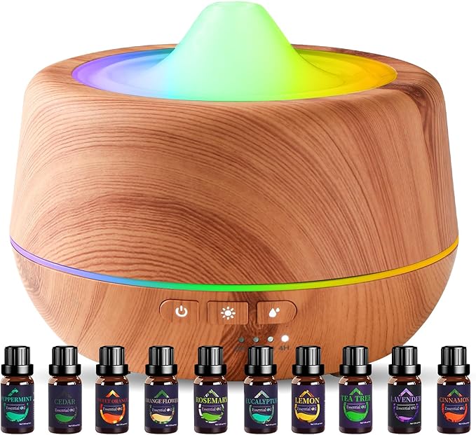 500ml Essential Oil Diffuser with 10 Scented Essential Oils,Wood Grain Ultrasonic Oil Diffuser,Aromatherapy Diffuser with Remote Control,Timer,7 Colors Light,2 Mist Modes for Large Room Office,Yellow-Ruum Studio Home