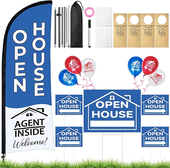 44 Pcs Open House Signs for Real Estate Agent Supplies, Double Sided Open House Flag Kit for Outside, 7.6 x 5.4 Ft Blue Banner Flag Poles Set with Directional Arrows Yard Sign Stakes Balloons-Ruum Studio Home