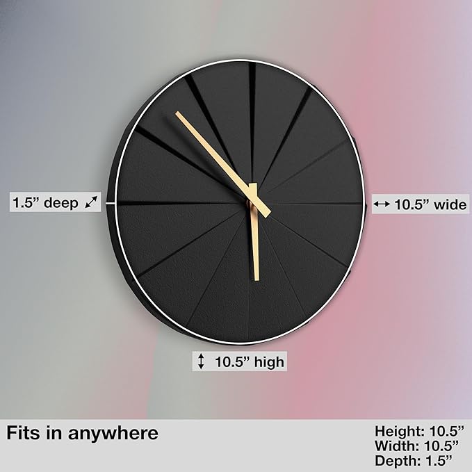 Driini Staircase Modern Wall Clock - Unique 10.5 in. Frameless Concrete Design - Contemporary, Minimalist Decor; No Numbers - Silent Battery Operated Clocks with Decorative Wooden Hands; Black-Ruum Studio Home