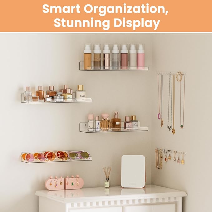 upsimples 4 Pack Acrylic Shelves for Wall Storage, 15" Floating Bookshelves for Kids, Display Shelf Organizer for Bathroom, Bedroom, Living Room, Kitchen, Room Decor, Clear-Ruum Studio Home
