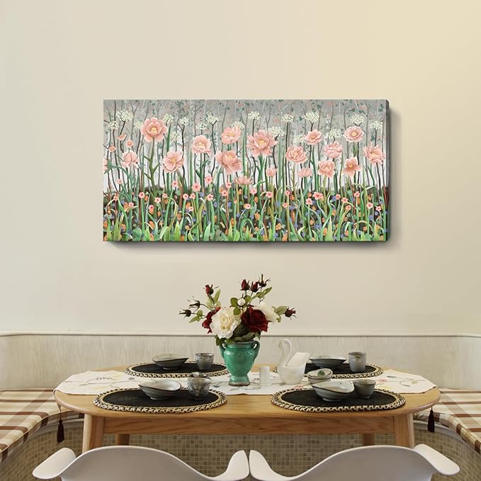 amatop Large Floral Wall Art Modern Abstract Flower Field Canvas Picture Botanical Artwork Rustic Wall Decor for Living Room Bedroom Pink Green Blooming Wildflower Forest Nature Art Print 48x24in-Ruum Studio Home