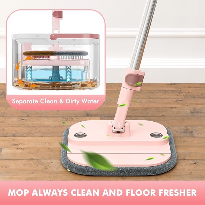 Upgraded Spin Mop and Bucket Self-Standing Mop Bucket Separate Dirty and Clean Water System Self Wringing 360° Rotating & 90° Foldabl Mops and Buckets for Floor Cleaning (Pink, 10Pads)-Ruum Studio Home