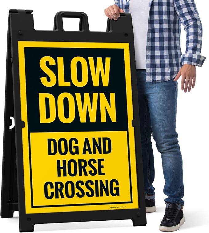 Slow Down Dog and Horse Crossing Sidewalk Sign Kit, 24x36 Inches, with A Frame Stand, Made in USA-Ruum Studio Home