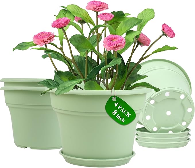8 Inch Plastic-Flower Pot-for-Indoor Plants, 4 Pack Large Outdoor Planter Pot with Drainage Holes & Saucers, Resin Decorative Garden Pots Planters-Ruum Studio Home