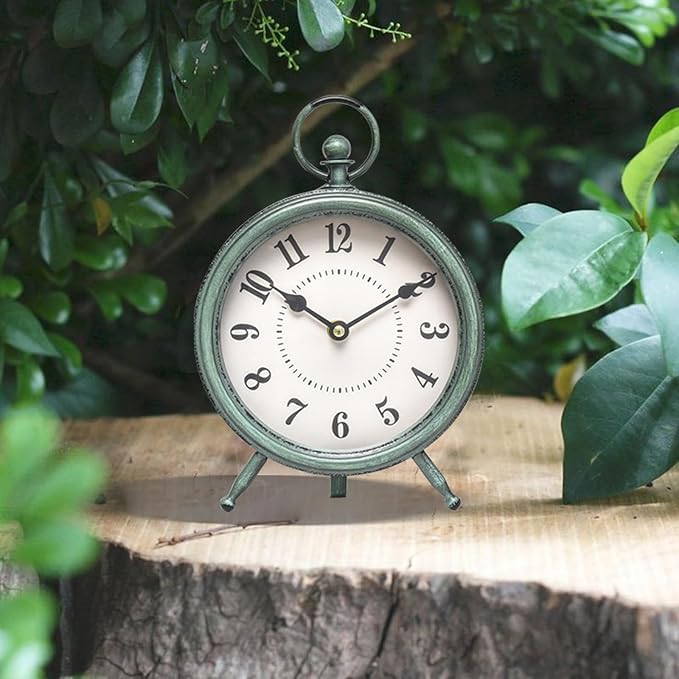 EMAX Home Vintage Green Rustic Retro Table Clock, Silent Non-Ticking, Battery Operated, 10.5"H, 7.28"W, Green Dial, Tabletop, Indoor, Kitchen-Ruum Studio Home