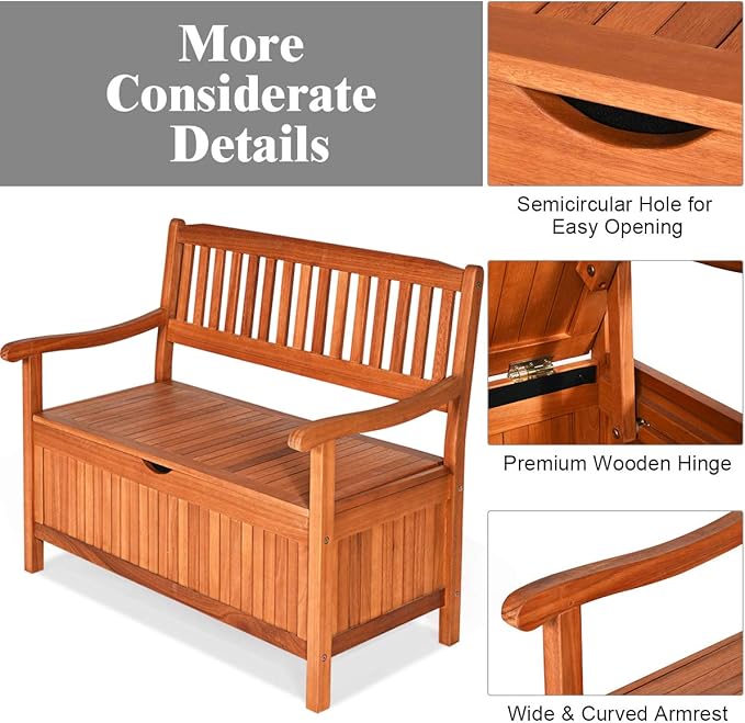 Tangkula Outdoor Wood Storage Bench Deck Box, Entryway Porch Storage Bench with Inner Removable Dust-Proof Lining & Portable Handles, Eucalyptus Wood Loveseat for Garden, Lawn, Balcony & Yard-Ruum Studio Home