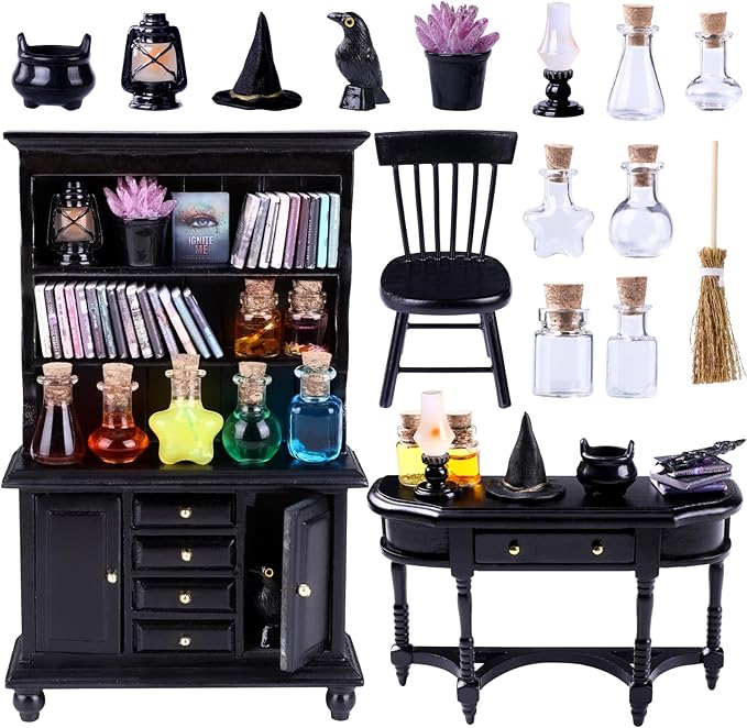 56 Pcs Halloween Miniatures Decorations 1:12 Scale Magic House Accessories Mini Wooden Bookshelf Furniture Set Tiny Sorcery Bottles Books Desk Chair Witch Hat Dollhouse Decor-Ruum Studio Home