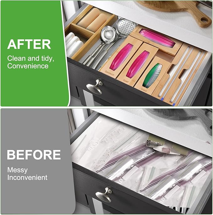 Individual Storage Bag Organizer for Kitchen Drawer, Bamboo with Foil and Plastic Wrap Organizer for Kitchen Organizers and Storage, for Gallon, Quart, Sandwich, Snack-Ruum Studio Home