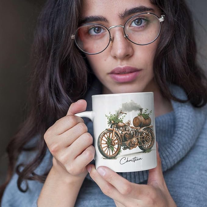 Customized Steampunk Motorcycle Mug With Vintage Design, Personalized Choose Name Coffee Cup 11oz Or 15oz, Custom Steampunk Mug, Unique Steam Engine White Ceramic Mug, Gift For Dad-Ruum Studio Home