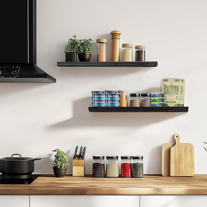 24"x6.8"x1.2" Solid Wood Floating Shelves 2-Pack - Rustic Black Finish with Hidden Brackets, Perfect for Storage and Décor in Living Room, Kitchen, Bedroom-Ruum Studio Home