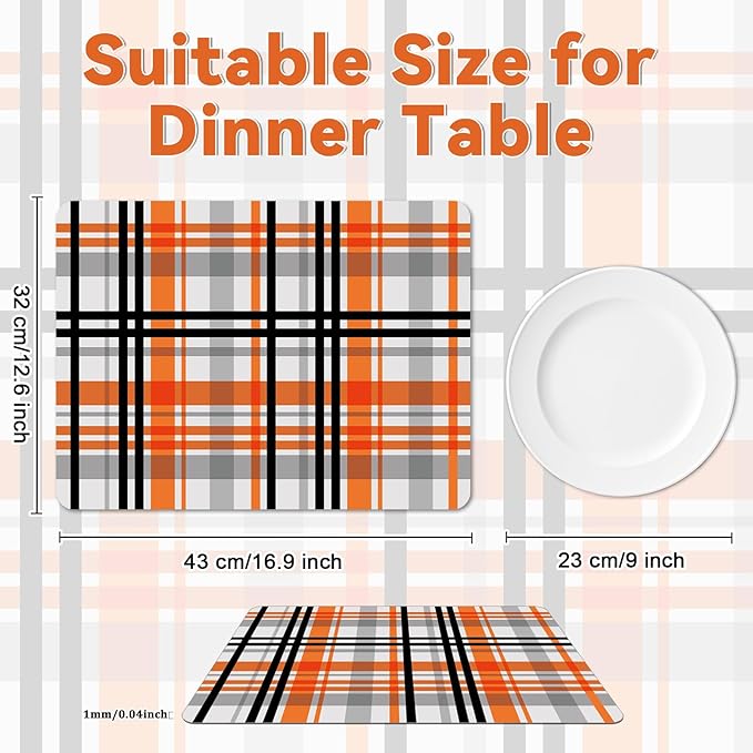 Fall Placemats Set of 6 Fall Orange Black Buffalo Plaid Plastic Table Mats Autumn Thanksgiving Place Mats Halloween Seasonal Table Decoration for Indoor Outdoor Party Kitchen Dining-Ruum Studio Home