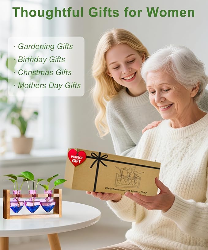 Nacome Plant Terrarium for Office Decor: Birthday Gifts for Plant Lovers Women Mom Wife - Wooden Stand Tabletop Planter 3 Bulb Glass Vase Heart Shaped for Hydroponics Indoor Home(Purple)-Ruum Studio Home