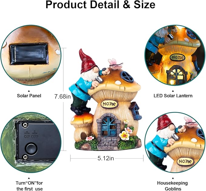 Garden Gnome Statues Figurine Lights - Solar Powered Lighting Outdoor Decorations, Gnome Build Mushroom Fairy House, Yard Art Lawn Ornaments for Porch Patio Balcony - Gnome Gifts for Women Mom-Ruum Studio Home