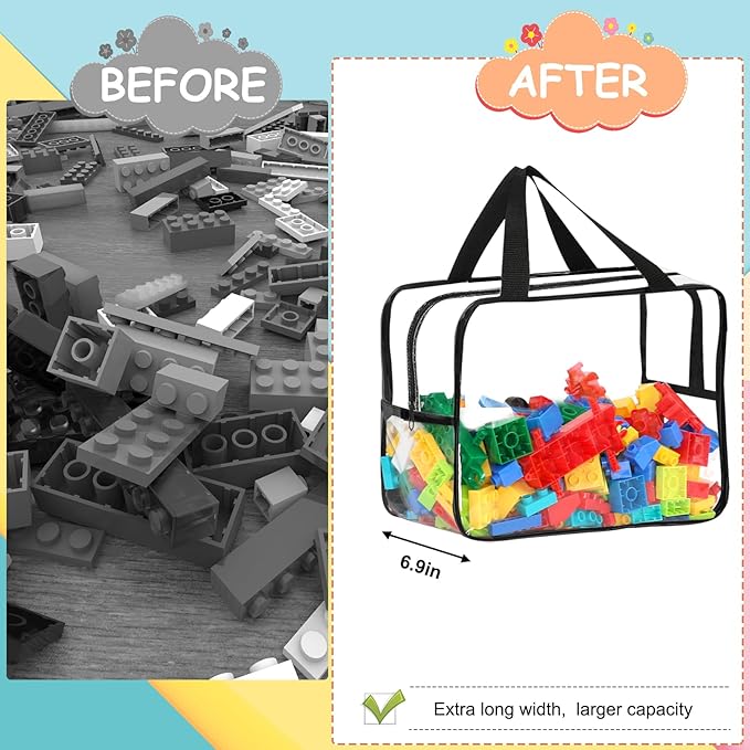 6 Packs Widen X-Large Toy Storage Bags 12.6×9.25×6.9In with Labels, Reusable Clear PVC Board Game Storage, Travel Waterproof Organizer Bags with Zipper for Building Blocks, Puzzle, Stuffed Animals-Ruum Studio Home