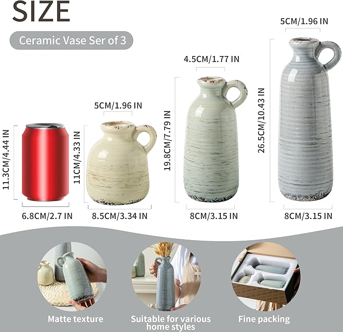 Ceramic Vase Set of 3 | Neutral Vase Home Decor with Handle | Pottery Modern Farmhouse Vases Pampas Grass Flower Vases for Home Decor Table Living Room Centerpieces Mantel Decor - Multicolor-Ruum Studio Home