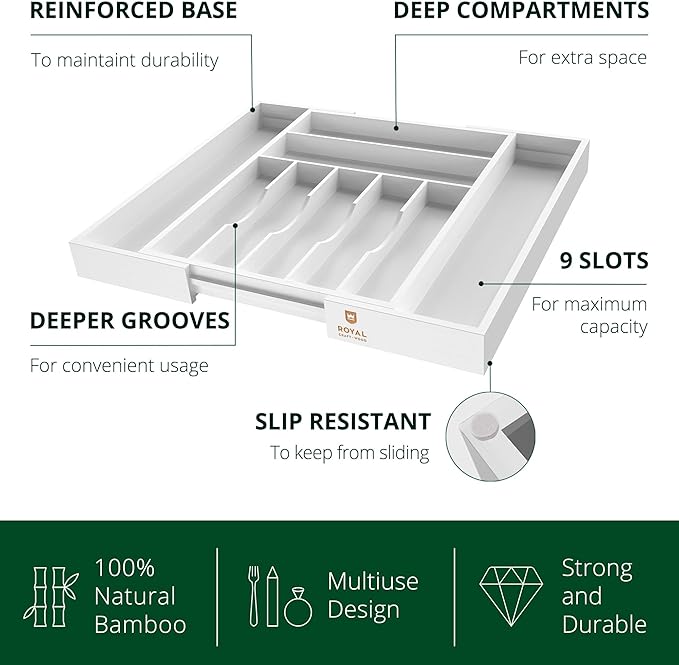 ROYAL CRAFT WOOD Luxury Bamboo Kitchen Drawer Organizer - Silverware Organizer - Utensil Holder and Cutlery Tray with Grooved Drawer Dividers for Flatware and Kitchen Utensils (9 Slot, White)-Ruum Studio Home