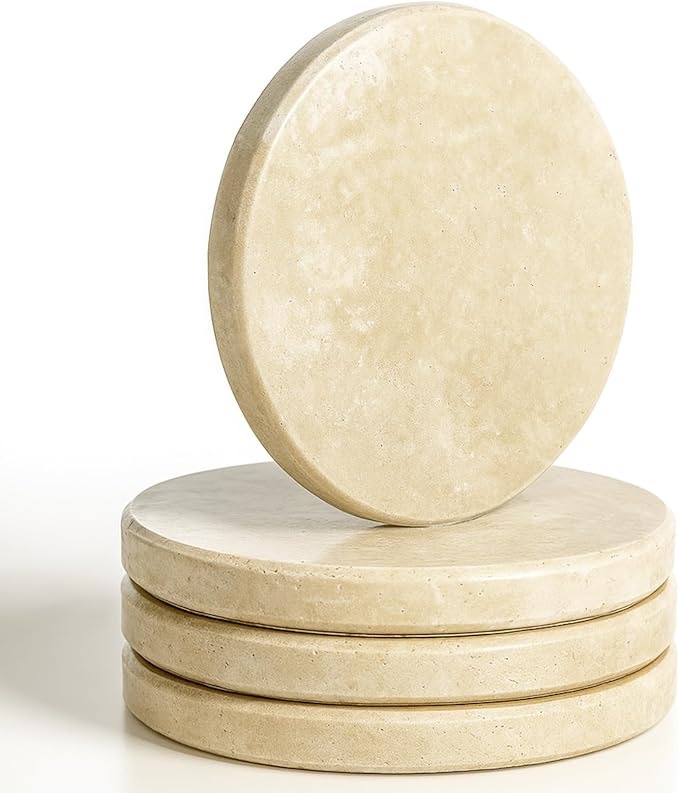 Beige Natural Travertine Marble Coasters Set of 4, Round 4 Inch Diameter Drink Marble Coasters for Housewarming Gifts, Anniversaries, Office Decorations Protect Tables from Stains & Scratches-Ruum Studio Home