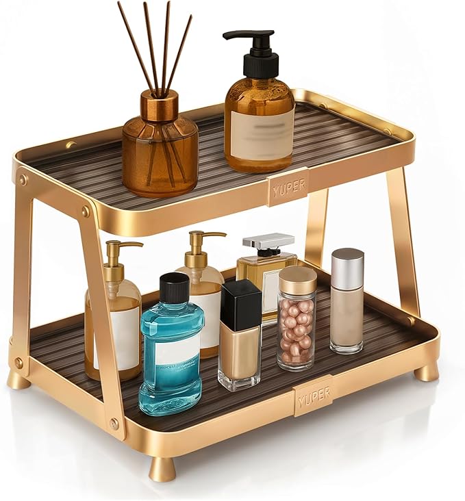 YUPER Bathroom Counter Organizer, 2-Tier Bathroom Organizers and Storage, Large Makeup Storage Shelf Vanity Tray Perfume Organizer, Bedroom Kitchen Corner Counter Storage Sink Shelf Gold-Ruum Studio Home