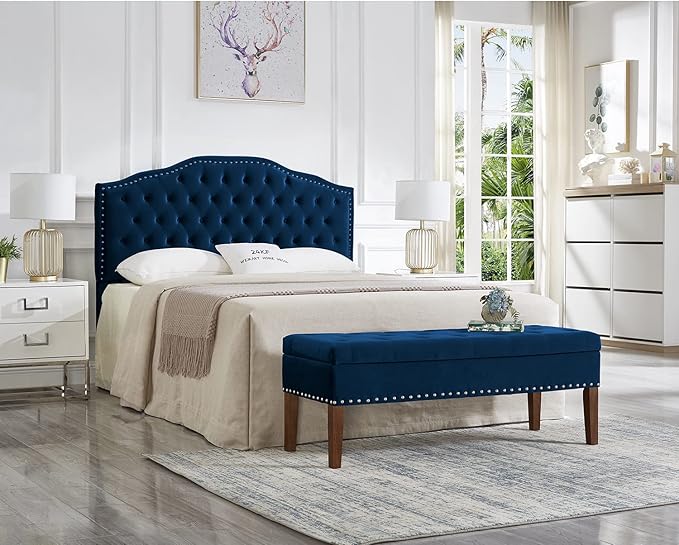 24KF Upholstered Button Tufted Queen Headboard with Nailhead Trim, Soft Velvet Fabric Headboard Queen/Full WM-6031-Q-NAVY-Ruum Studio Home