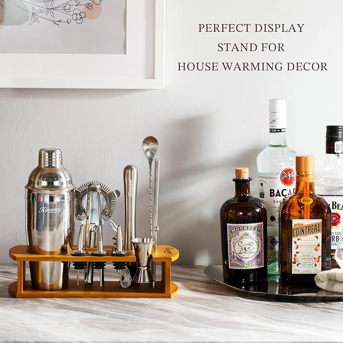 KITESSENSU Cocktail Shaker Set Bartender Kit with Stand | Bar Set Drink Mixer Set with All Essential Accessory Tools: Martini Shaker, Jigger, Strainer, Mixer Spoon, Muddler, Liquor Pourers |Silver-Ruum Studio Home