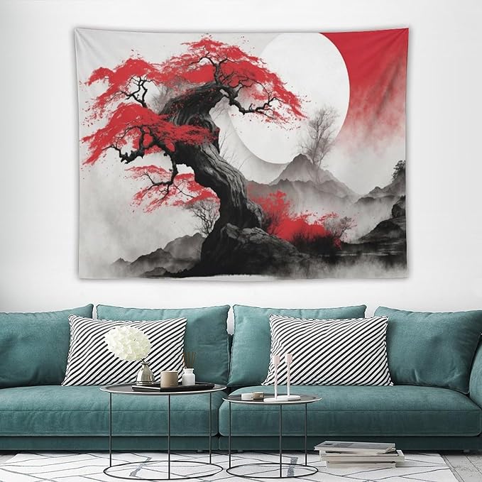 Cherry Blossoms Tapestry,Japanese Red Landscape Asian Watercolor Abstract Art Tapestry,Japanese Wall Tapestry, Nature Landscape Tapestries for Bedroom Living Room Decor 80"x60"-Ruum Studio Home