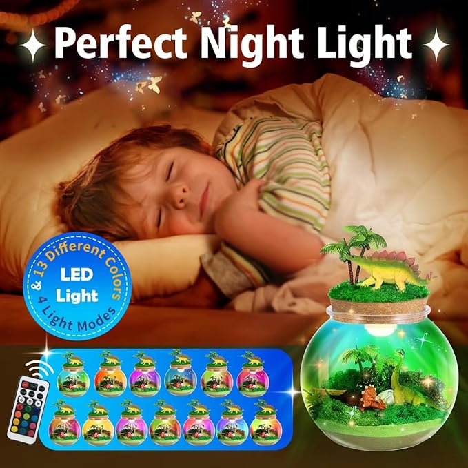 Dinosaur Light-Up Terrarium Kit for Kids- Birthday Gifts for Boys Ages 4 5 6 7 8-12 Year Old- Dinosaur Toys for Boys with Multicolor LED Light & Remote-Ruum Studio Home