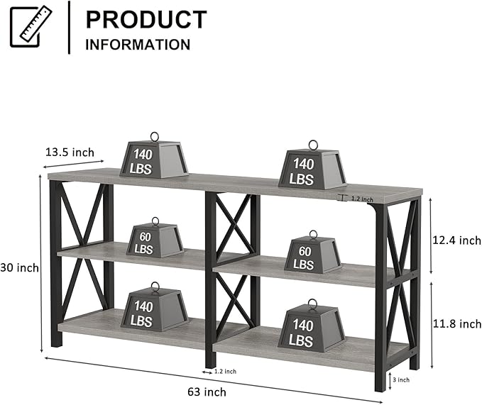 LVB Industrial Entryway Table, Farmhouse Rustic Console Table Behind Couch, Long Metal Wooden Sofa Table with Storage Shelf, Modern Foyer Hallway for Living Room Bedroom, Light Grey Oak, 63 in-Ruum Studio Home
