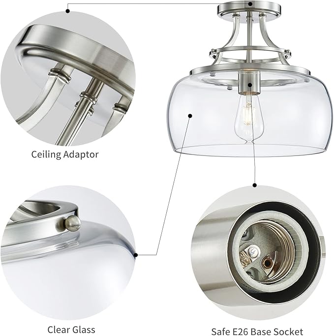 WUZUPS Chandelier Rustic Farmhouse Industrial Round Semi-flushmount Ceiling LED Light Fixture with Clear Glass Shades for Bathroom Kitchen Foyer Entryway, H 11.8" x W 13.4", E26 Base, Brushed Nickel-Ruum Studio Home