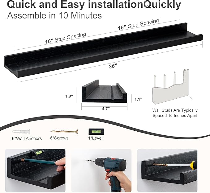 Floating Picture Ledge Shelves 36 Inch Solid Oak Wood Set of 2, Rustic Wall Storage Shelves with Lip, Kids Bookshelf, Photo & Picture Ledge Shelves for Bedroom, Living Room, Kitchen-Ruum Studio Home