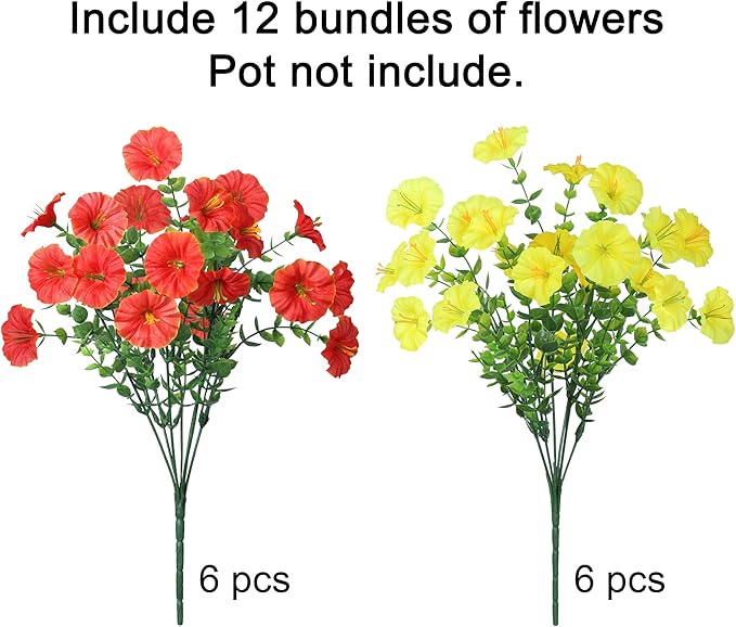 Artificial Mums for Outdoors Fake Fall Flowers Plants for Autumn Decoration, 12 Bundles Silk Morning Glory with Eucalyptus Look Real UV Resistant Faux Mums for Outside Planters Yard Patio Porch, Mix-Ruum Studio Home